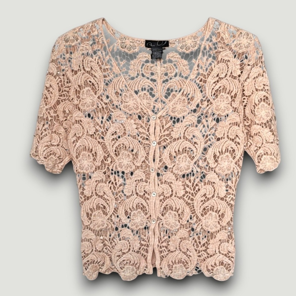 Questions by Say What Womens Cardigan M Light Beige Cotton Crochet Coquette